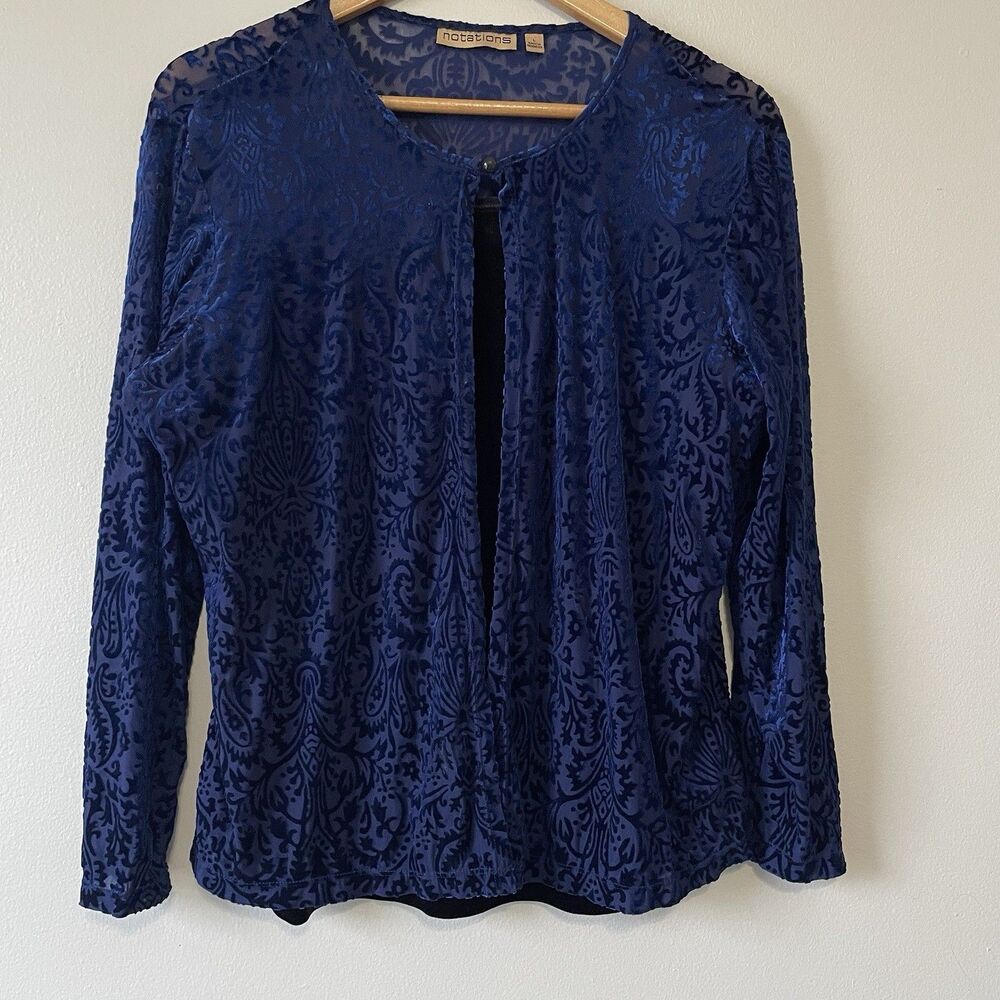 Notations Women’s Velvet Burnout  Twinset Cardigan Attached Tank Top L Sheer